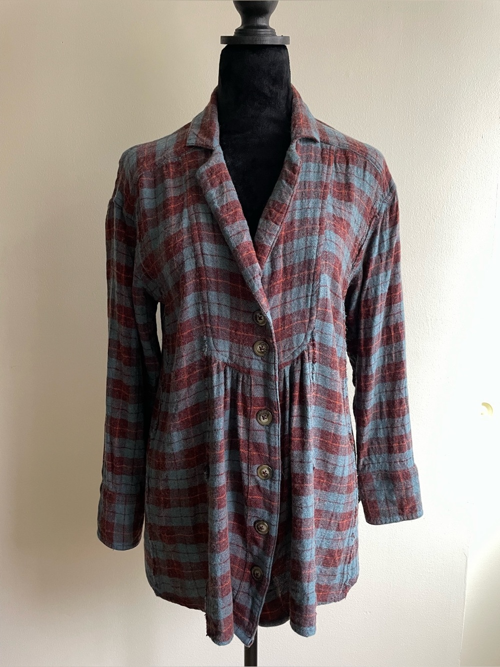 Free People Plaid Wool Blend Tunic Top Size S Boho Babydoll Raw Edge